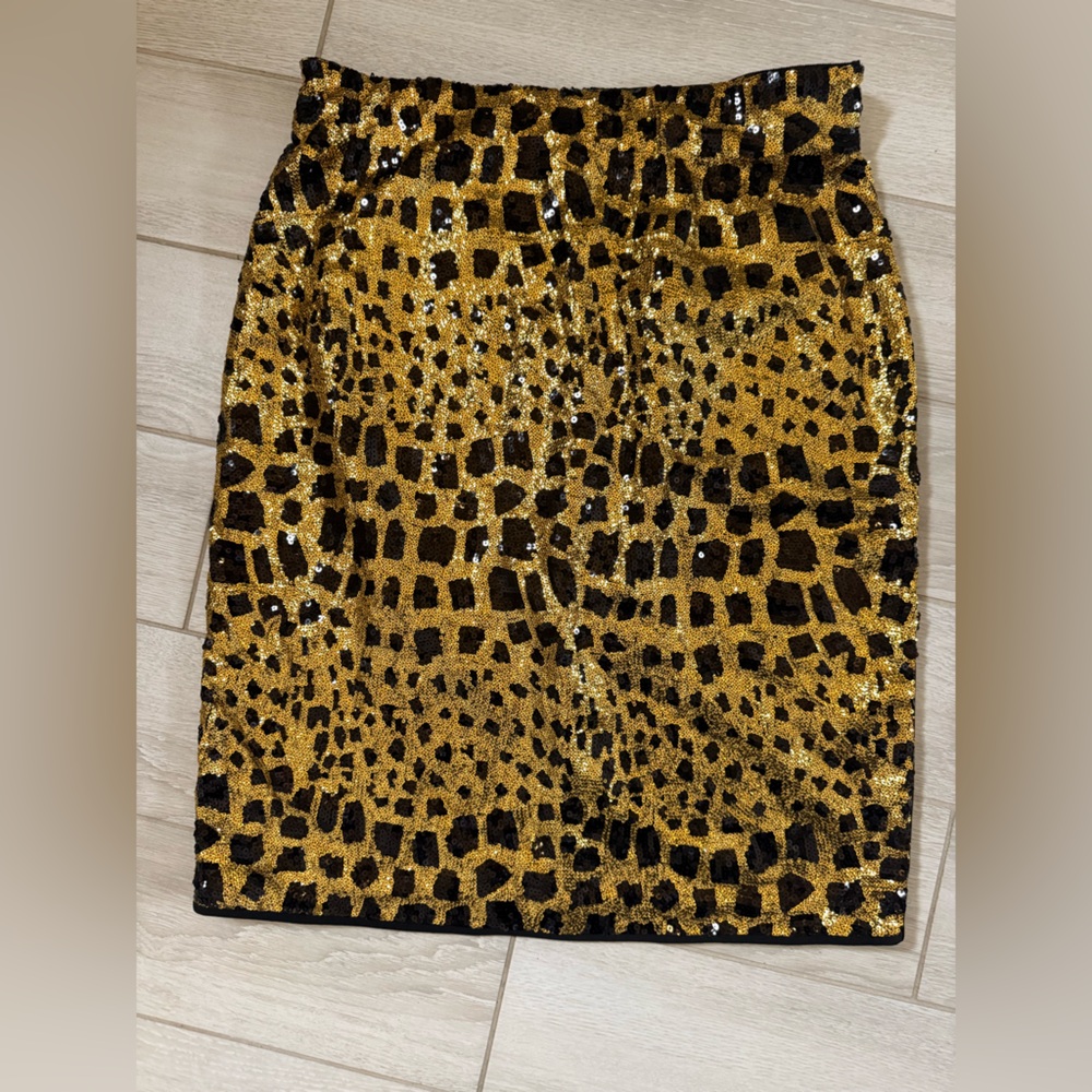 Eloquii Gold and Black Leopard print metallic Sequin Pencil Midi Skirt size 14